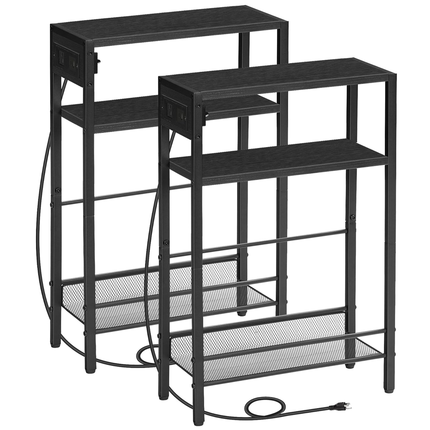 HOOBRO Small Narrow Side Table with Charging Station Set of 2, Skinny End Table for Small Spaces, Slim Nightstand with USB Ports Outlet, Sofa Beside Table with Storage Shelf BB102UBZP201