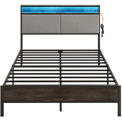 HOOBRO Full Metal Bed Frame with Storage Headboard & LED Lights