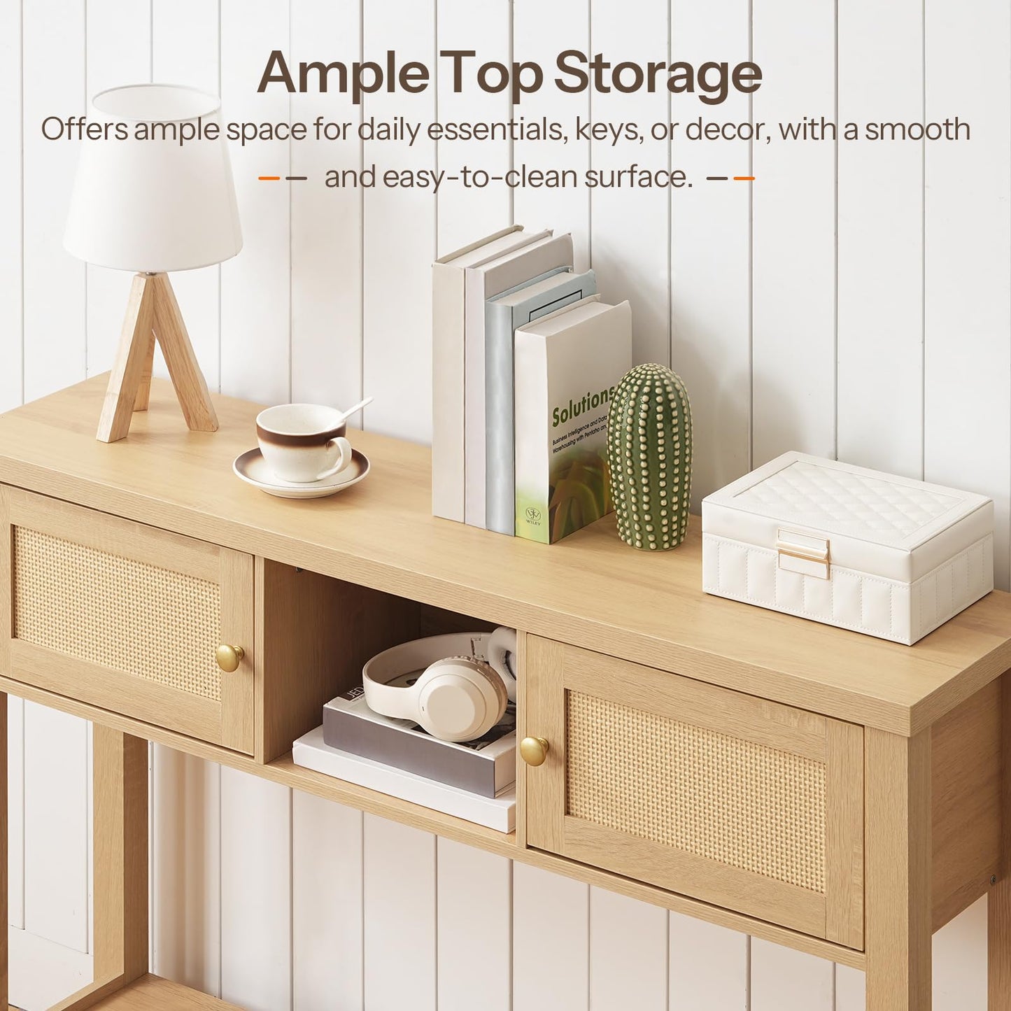 HOOBRO 47-inch Rattan Style Entryway  Console Table with Storage