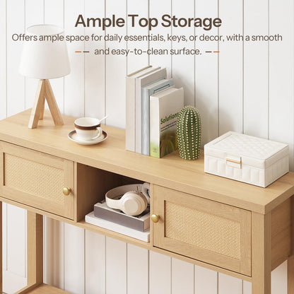 HOOBRO 47-inch Rattan Style Entryway  Console Table with Storage