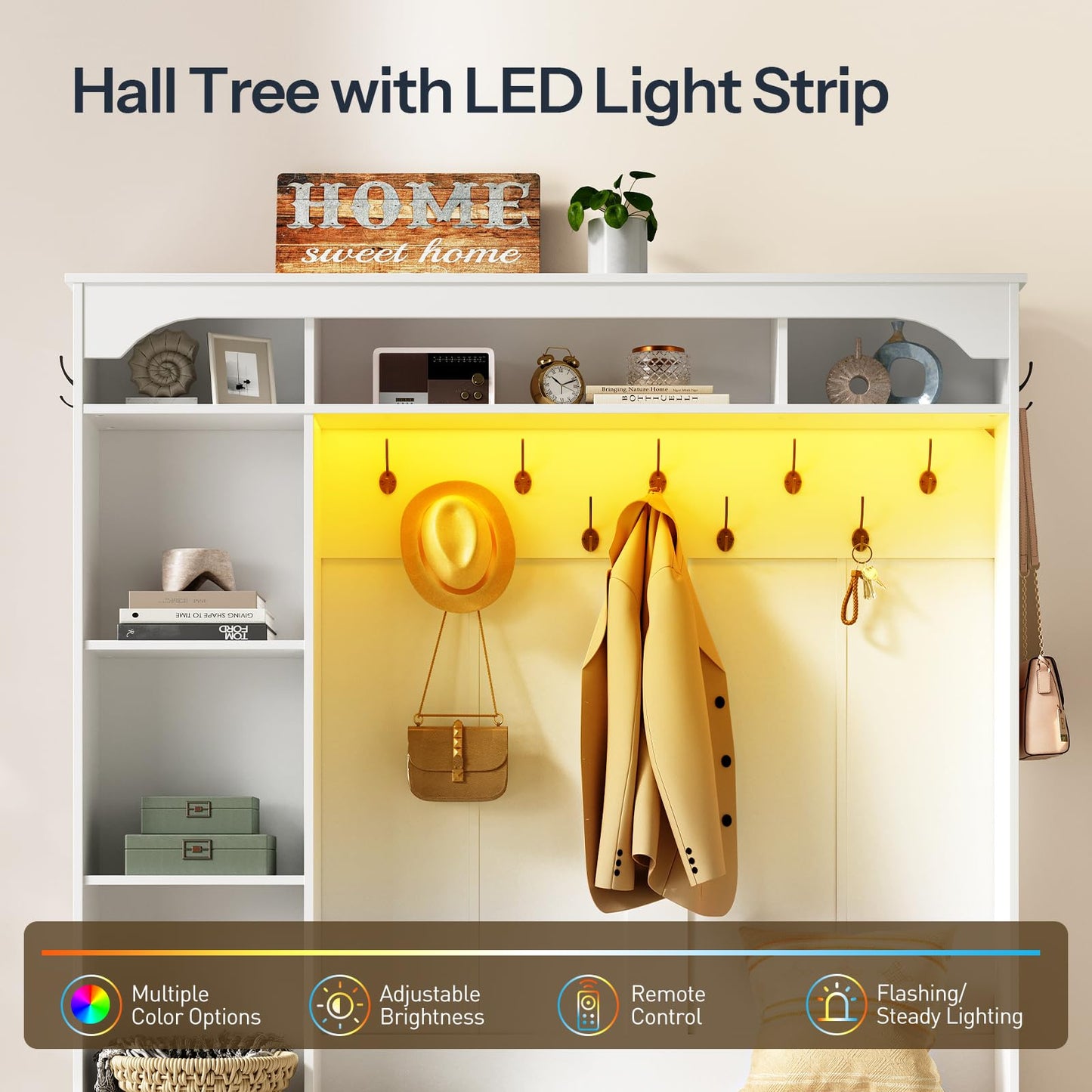 HOOBRO White 59-inch Wooden LED Farmhouse Style Hallway Coat Rack with Bench & Coat Rack & Shoe Cabinet