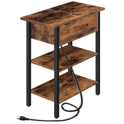 HOOBRO Retro Brown Flip-Top Narrow Side Table with USB Port/Socket/Shelf