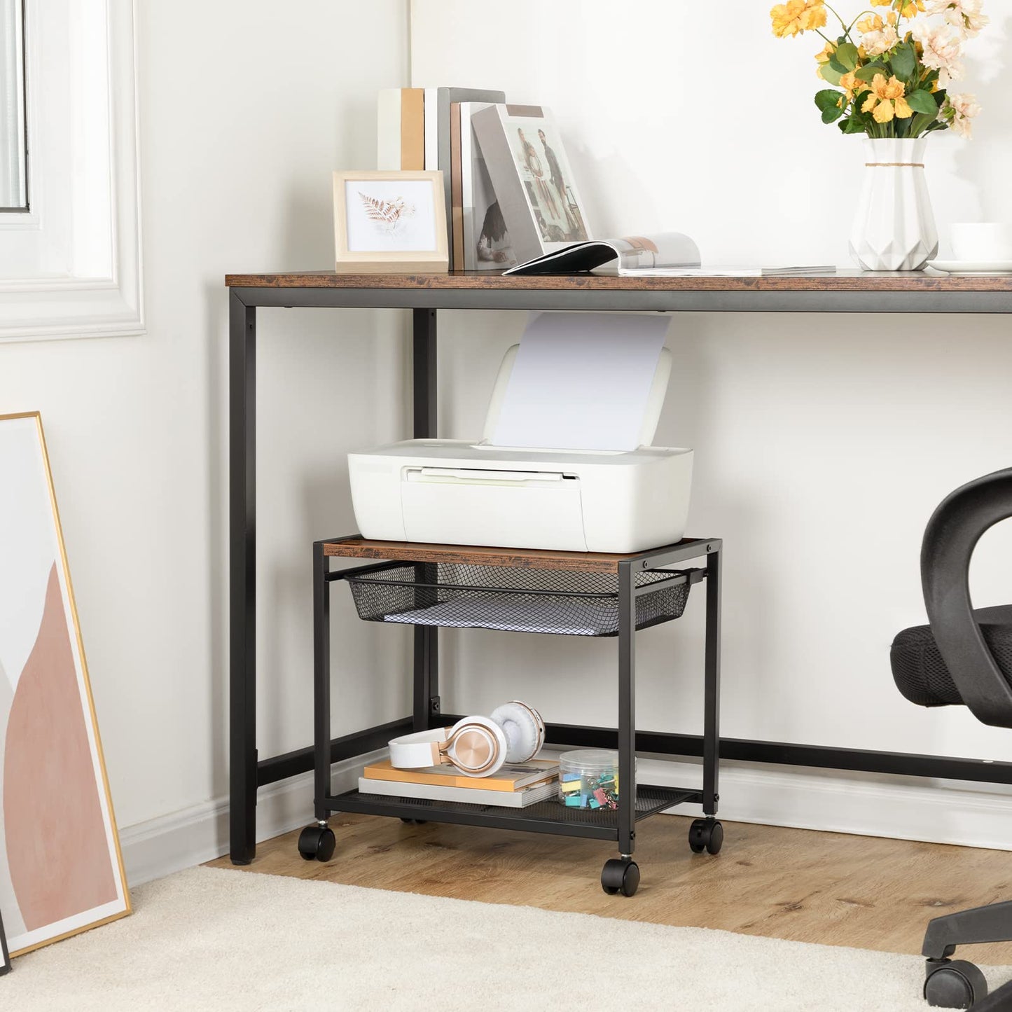 HOOBRO Retro Brown Double-Layer Movable Printer Stand Trolley with Wheels & Storage Shelf