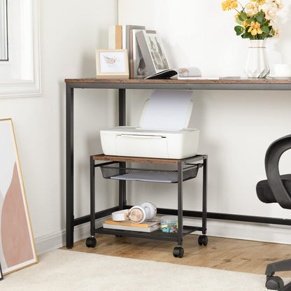 HOOBRO Retro Brown Double-Layer Movable Printer Stand Trolley with Wheels & Storage Shelf