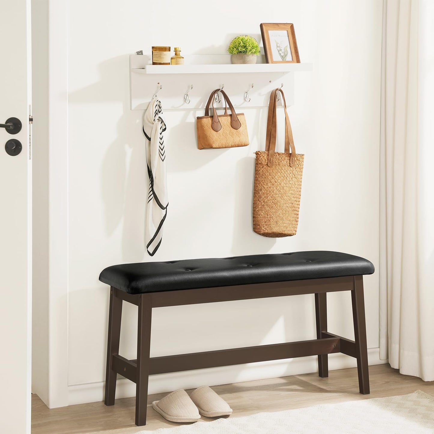 HOOBRO PU Leather Upholstered Bamboo Dining Bench