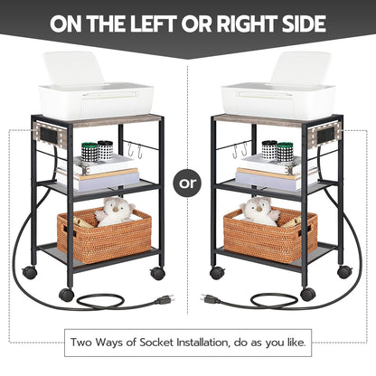 HOOBRO Greige Three-Tier Portable Industrial Printer Stand with Power Outlet & USB Port & 2 Hooks