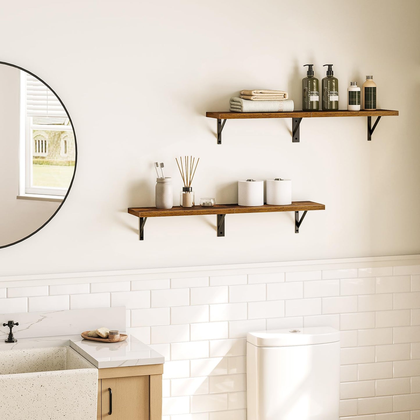 HOOBRO 30-inch Retro Brown Metal Frame Wall-Mounted Shelf /2PICS