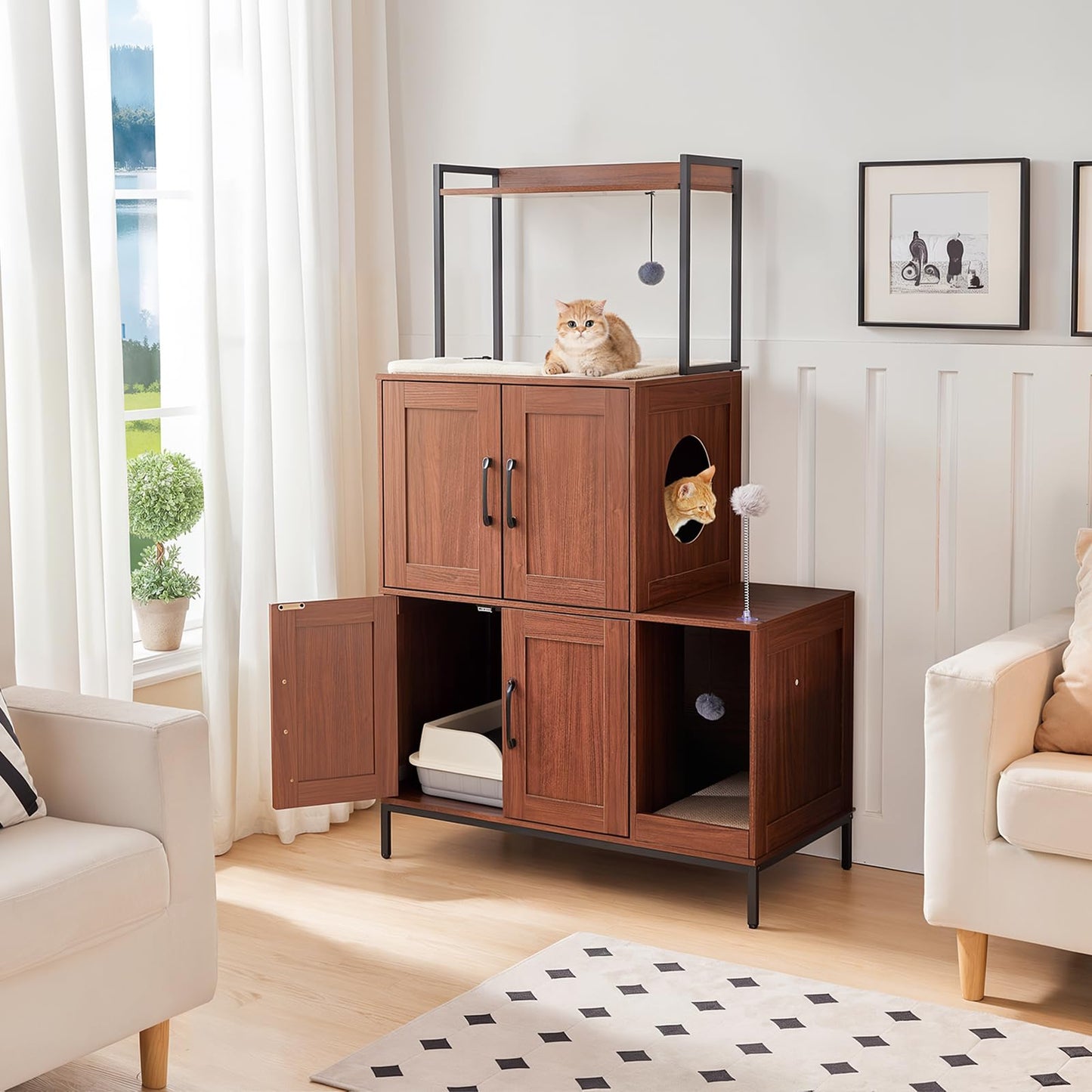 HOOBRO Wooden Cat Litter Box Enclosure with Storage & 2 Plush Balls