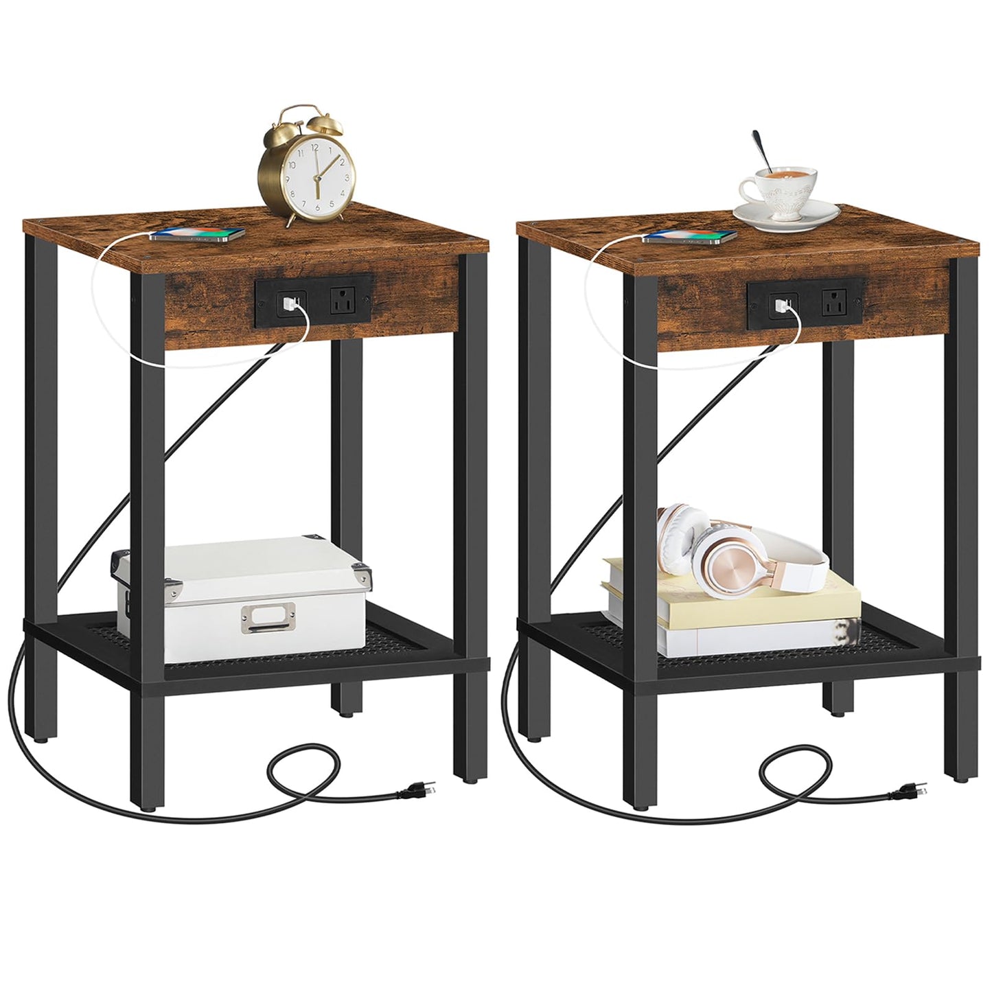 HOOBRO Retro Brown-Edged  End Table Set with Charging Station & USB Port & Power Outlet & Double-Layer Storage Shelf / 2PICS