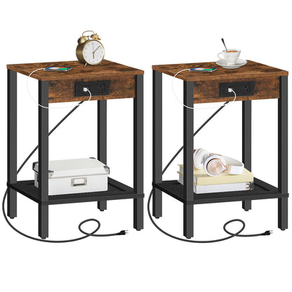 HOOBRO Retro Brown-Edged  End Table Set with Charging Station & USB Port & Power Outlet & Double-Layer Storage Shelf / 2PICS