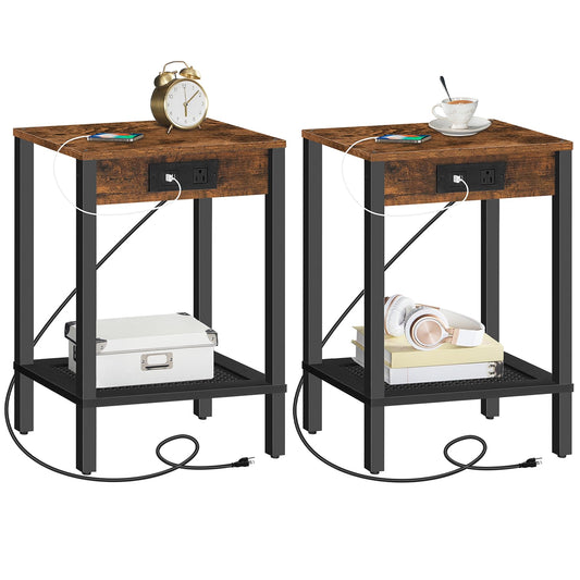 HOOBRO Retro Brown-Edged  End Table Set with Charging Station & USB Port & Power Outlet & Double-Layer Storage Shelf / 2PICS