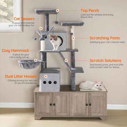HOOBRO Greige Double-Layer Concealed Integrated Litter Box Enclosure with Cat Tree & Hammock & Sisal Post