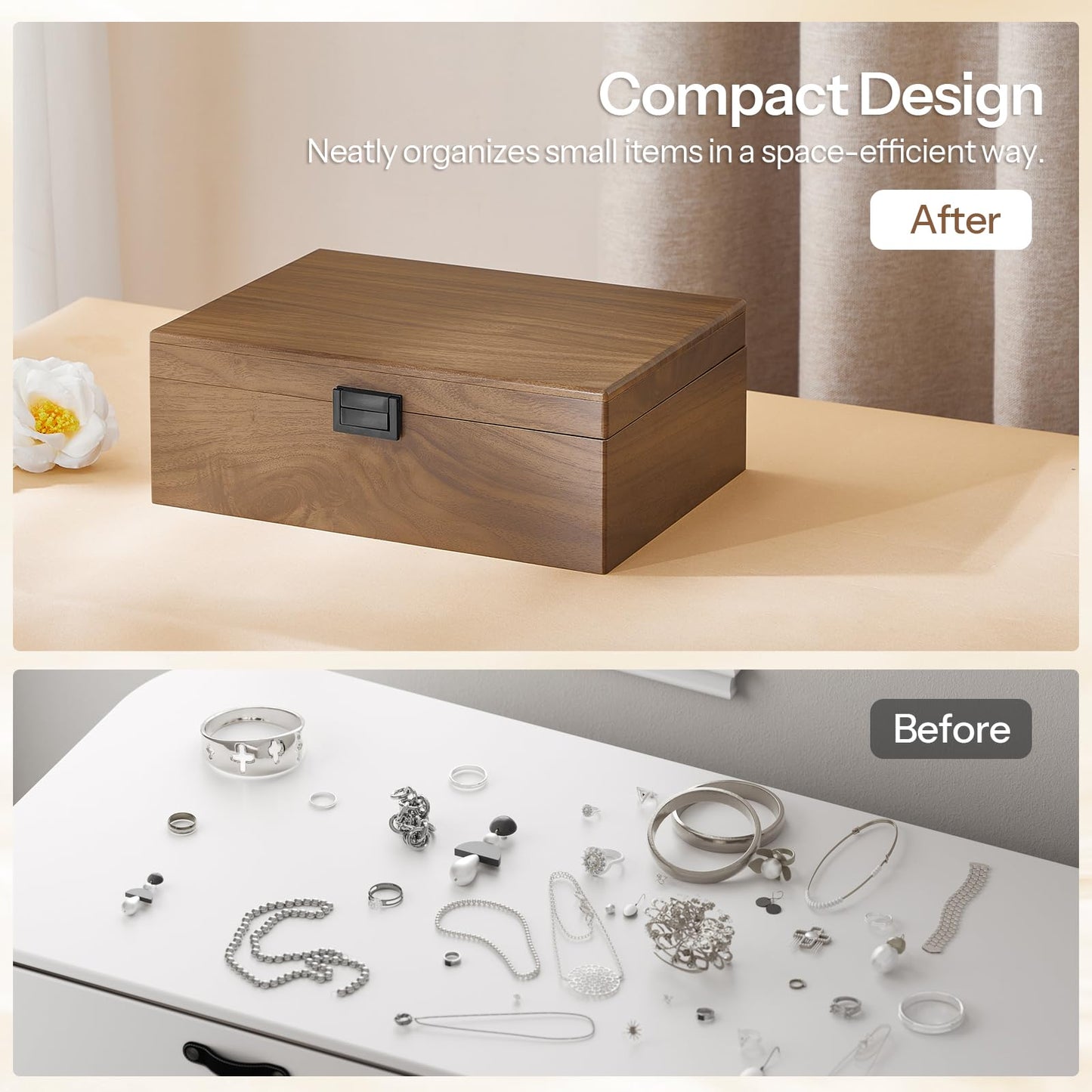 Wooden storage box before and after organizing small items on a marble surface.