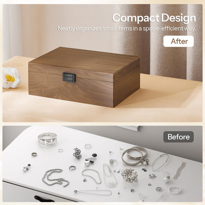 Wooden storage box before and after organizing small items on a marble surface.