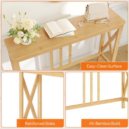 HOOBRO Narrow Bamboo Console Table with X-Frame