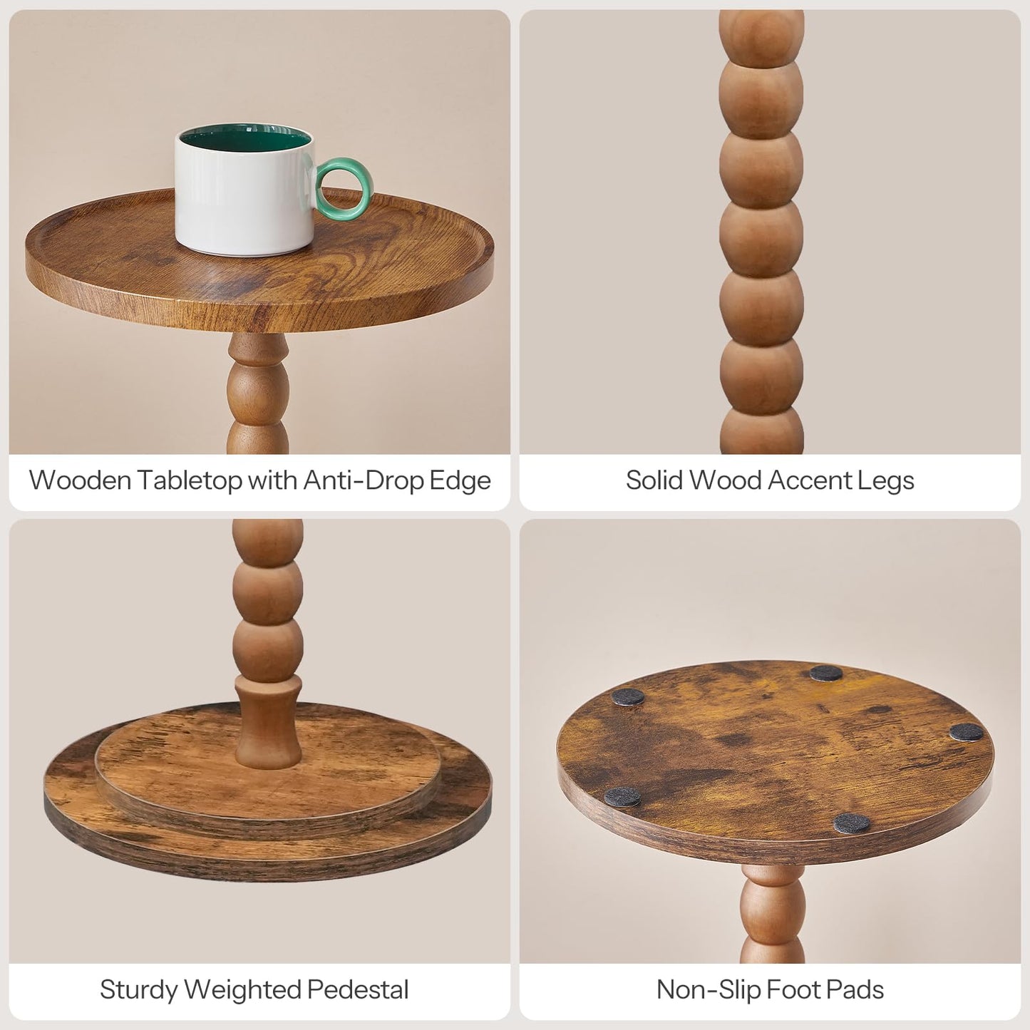 HOOBRO Retro Brown Solid Wood Round Side Table