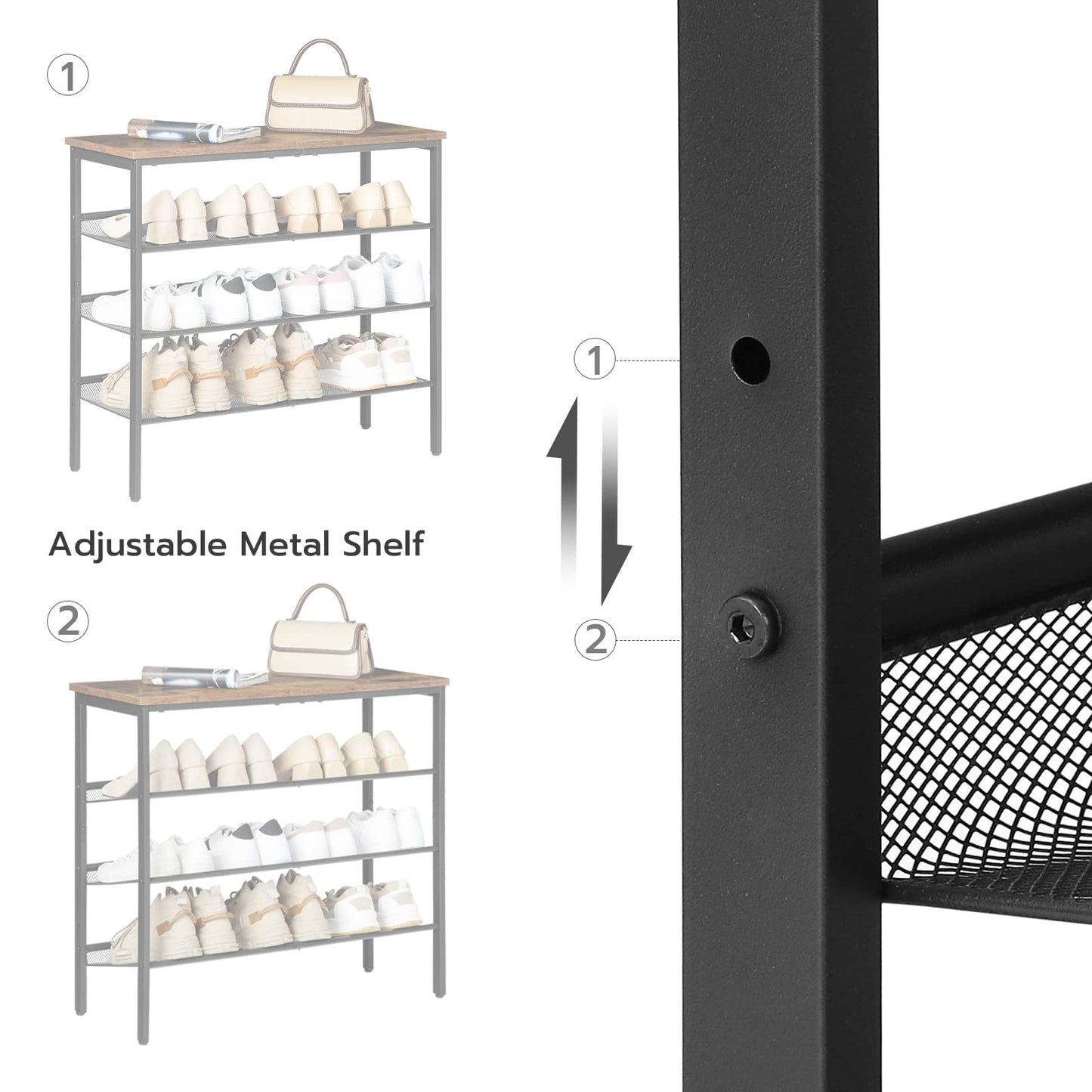 HOOBRO Brown Industrial 4-Tier Shoe Rack with Adjustable Mesh Shelves
