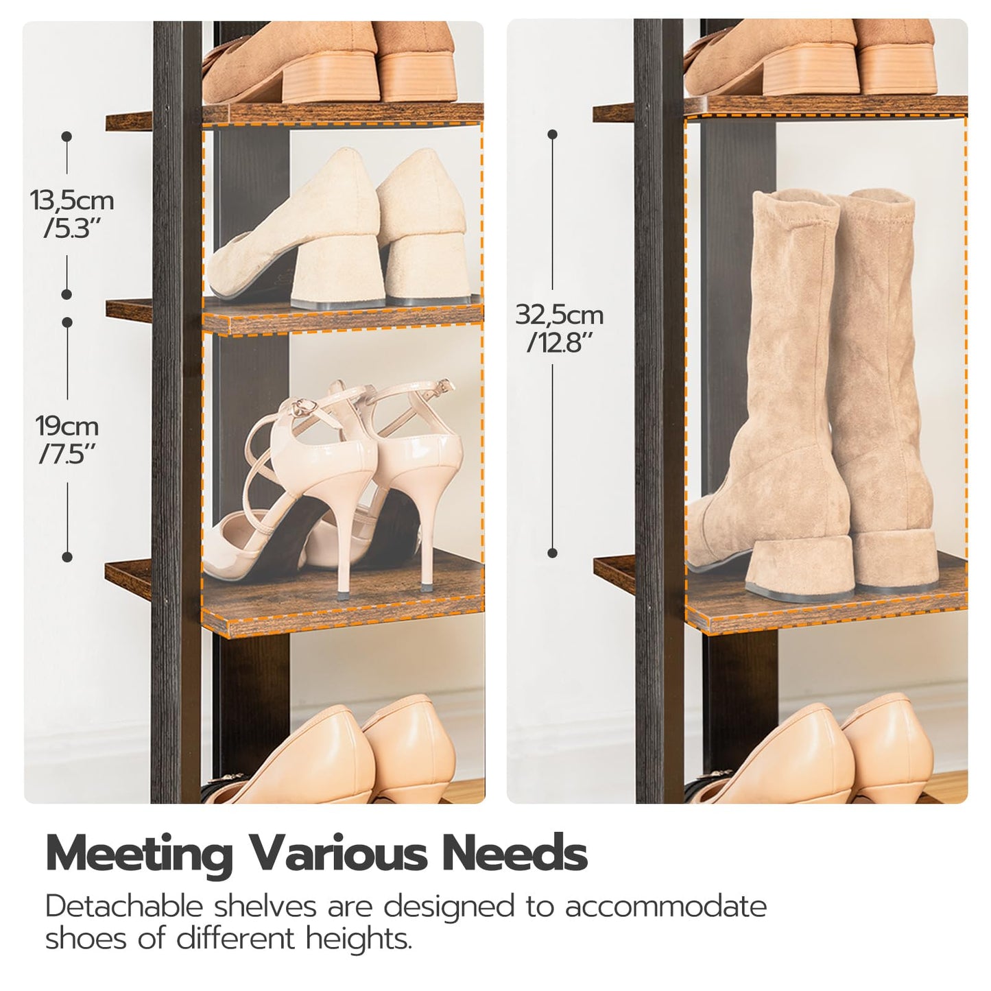 Shoe rack with various shoes on shelves, showing dimensions and text about accommodating different shoe heights.