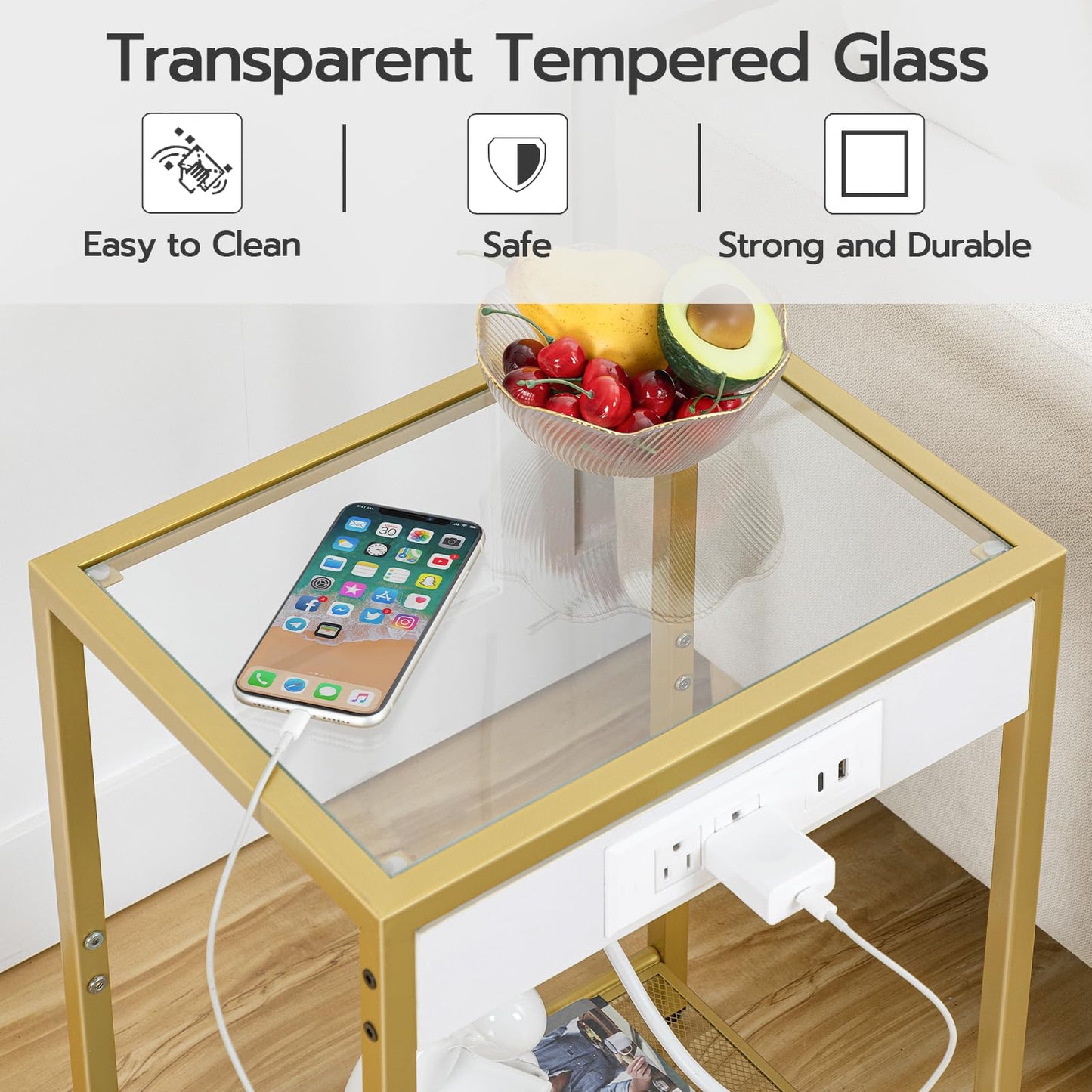 HOOBRO Gold Modern Metal Frame Tempered Glass Desktop Side Table with USB Port & Charging Station / 2PICS