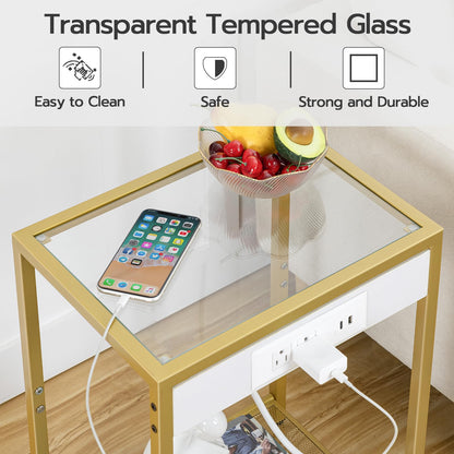 HOOBRO Gold Modern Metal Frame Tempered Glass Desktop Side Table with USB Port & Charging Station / 2PICS