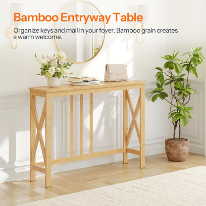 HOOBRO Narrow Bamboo Console Table with X-Frame