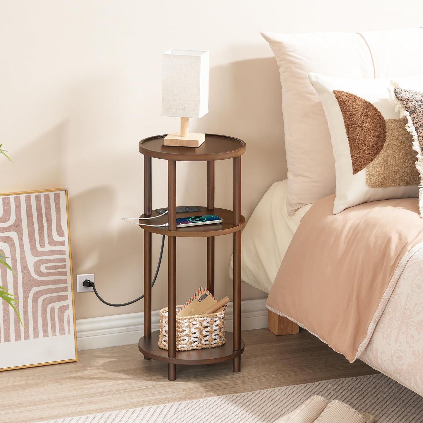 HOOBRO Mocha Three-Tier Small Round Side Table with USB Charging Port