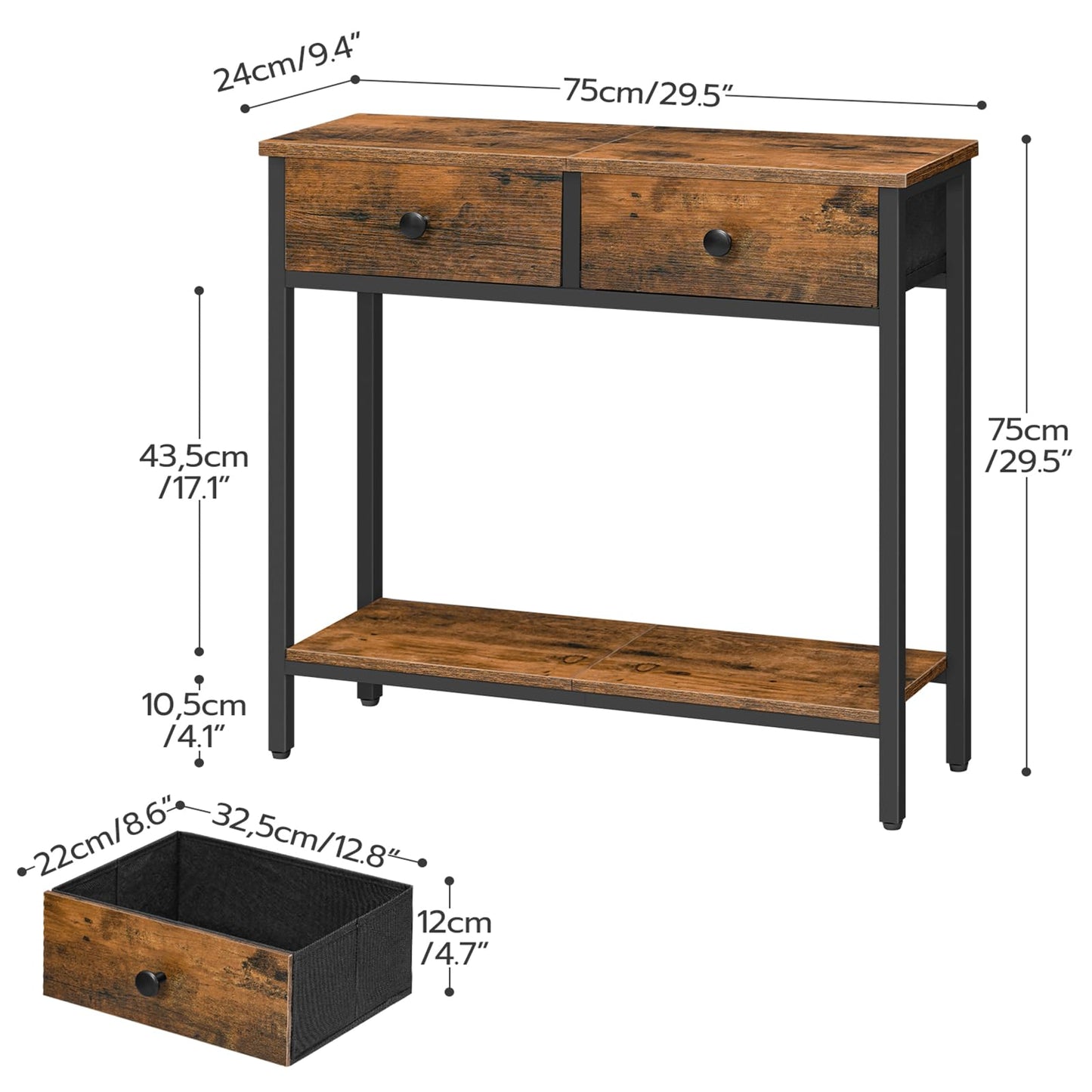 HOOBRO Retro Brown 29.5-inch Narrow Console Table with 2 Fabric Drawers