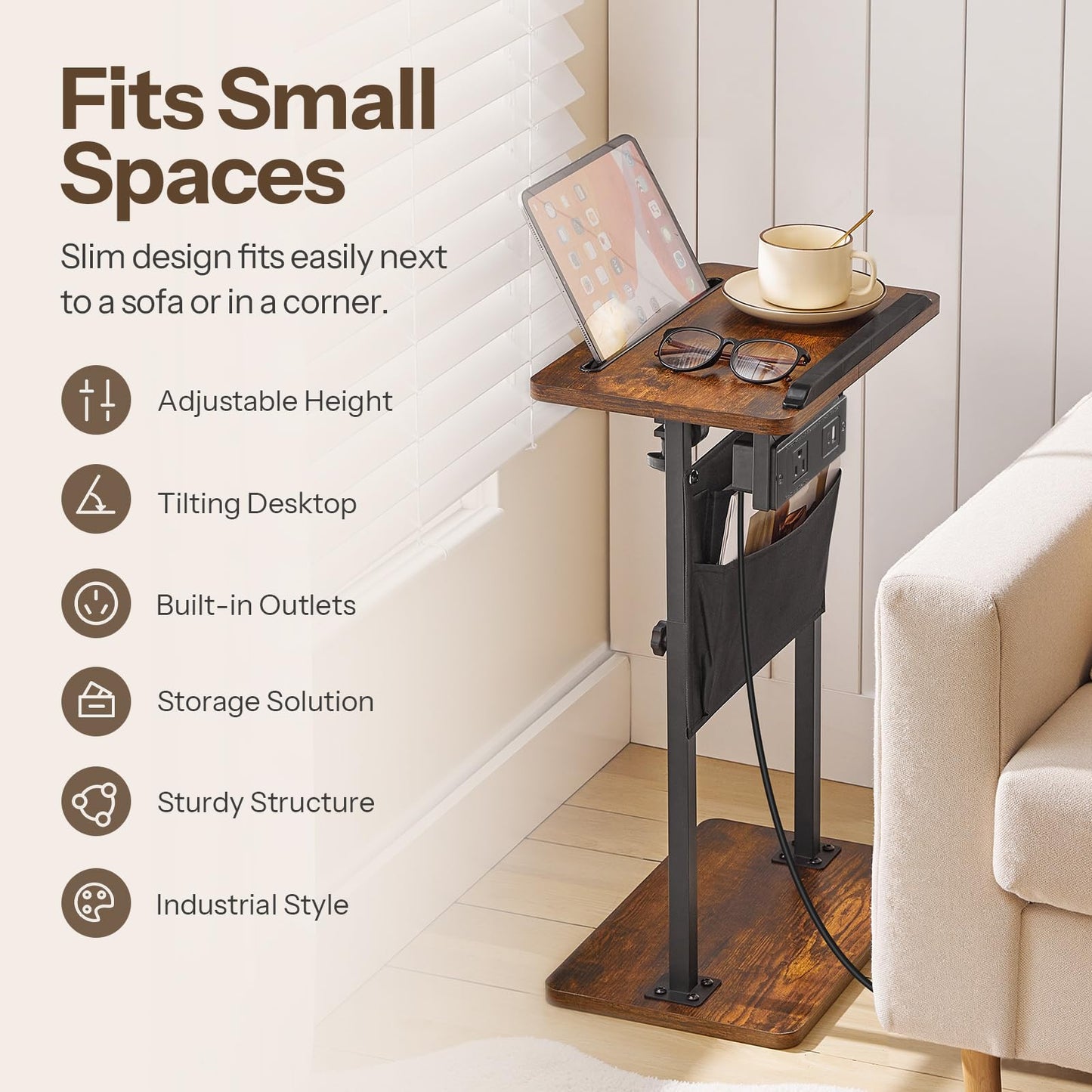 HOOBRO Side Table, Narrow End Table with Charging Station, Height Adjustable Side Table, Tiltable Surface, Storage Bag, Nightstand for Small Spaces, Living Room, Rustic Brown and Black BF435UBZ01