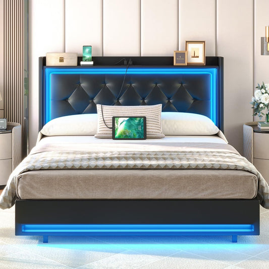 HOOBRO Full Upholstered Bed Frame with Headboard & LED Lights & Charging Station