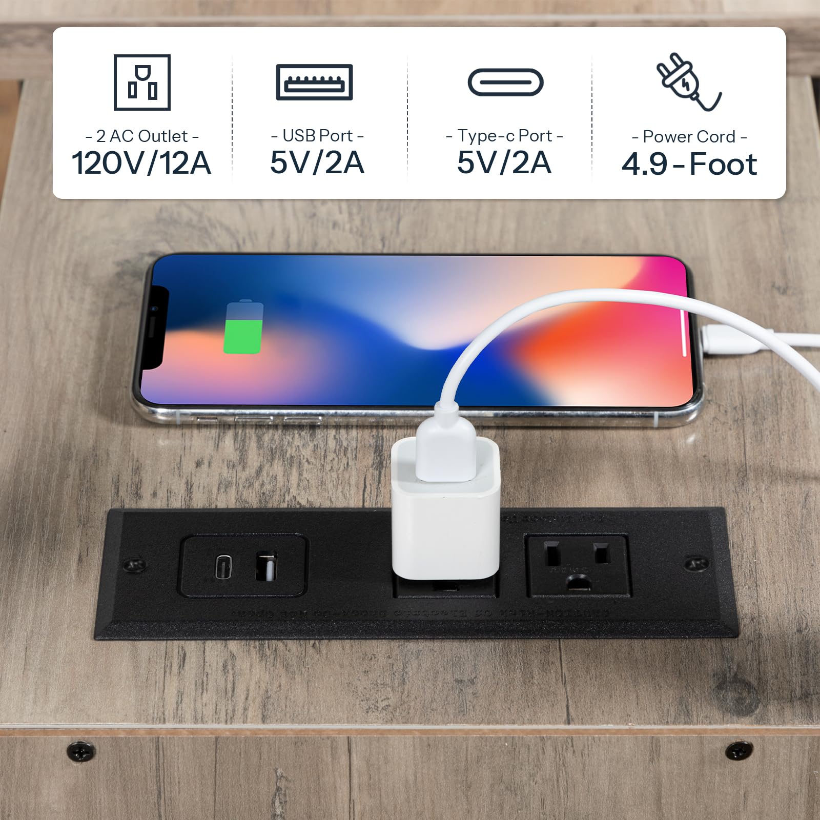 Smart power strip with USB ports and AC outlet on a wooden surface, showing connectivity options.