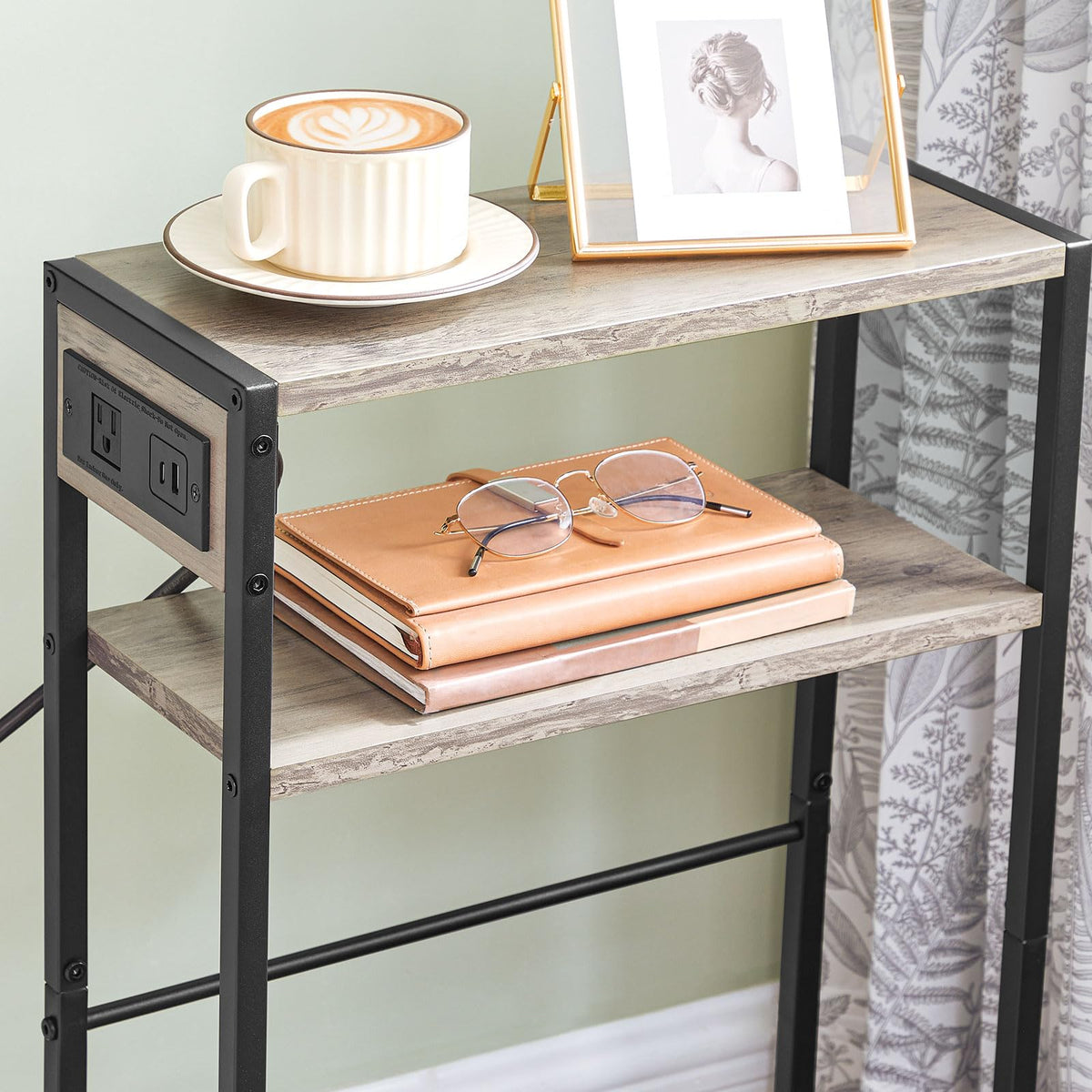 HOOBRO Small Narrow Side Table with Charging Station, Skinny End Table for Small Spaces, Slim Nightstand with USB Ports Outlet, Sofa Beside Table with Storage Shelf, Greige and Black BG102UBZ01