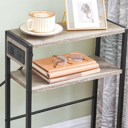HOOBRO Small Narrow Side Table with Charging Station, Skinny End Table for Small Spaces, Slim Nightstand with USB Ports Outlet, Sofa Beside Table with Storage Shelf, Greige and Black BG102UBZ01