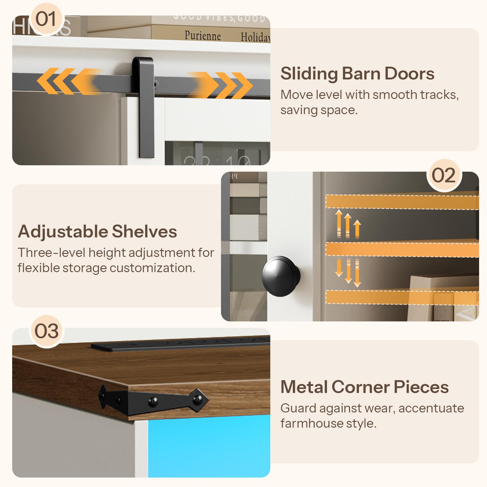 Collage of sliding barn doors, adjustable shelves, and metal corner pieces with text descriptions on a beige background.