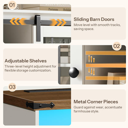 Collage of sliding barn doors, adjustable shelves, and metal corner pieces with text descriptions on a beige background.