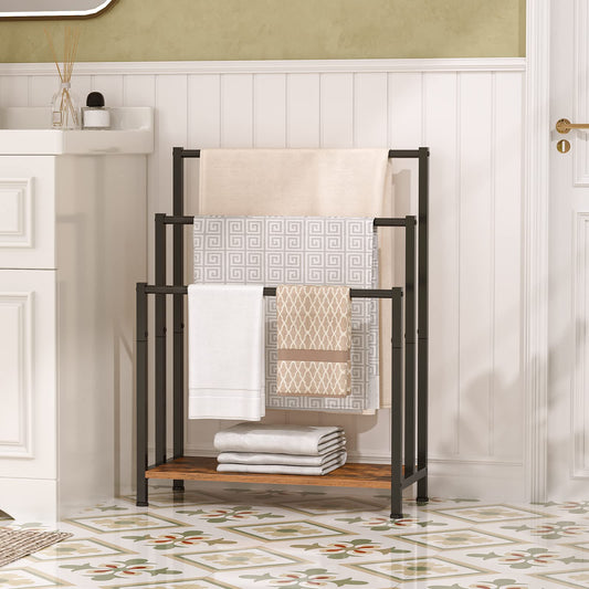 Towel rack with folded towels in a bathroom setting