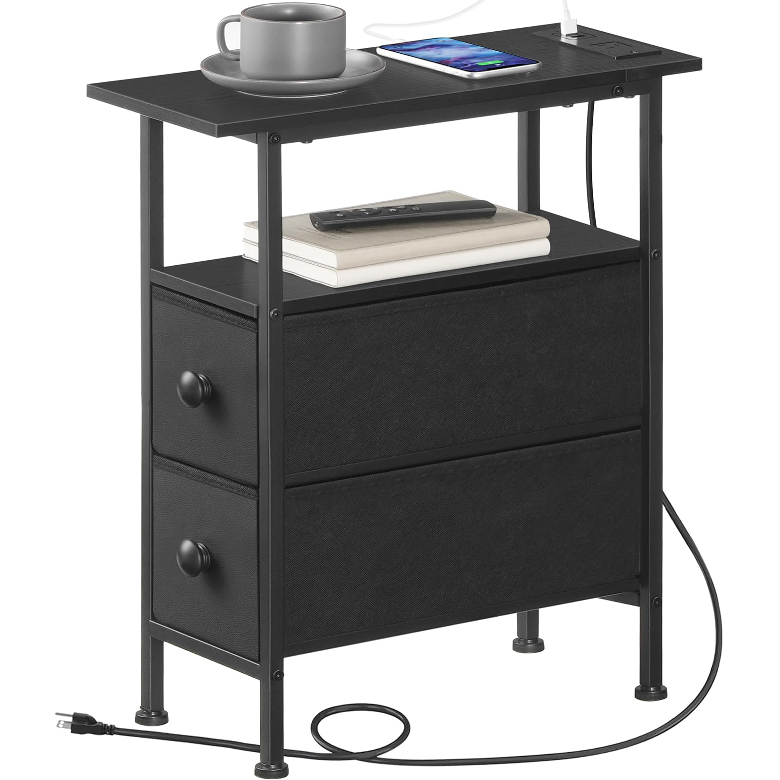 Black nightstand with two drawers, a charging station, and a power cord on a white background