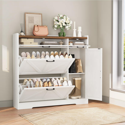 HOOBRO Farmhouse Style Shoe Cabinet with 2 Flip-Top Drawers & Adjustable Side Cabinet