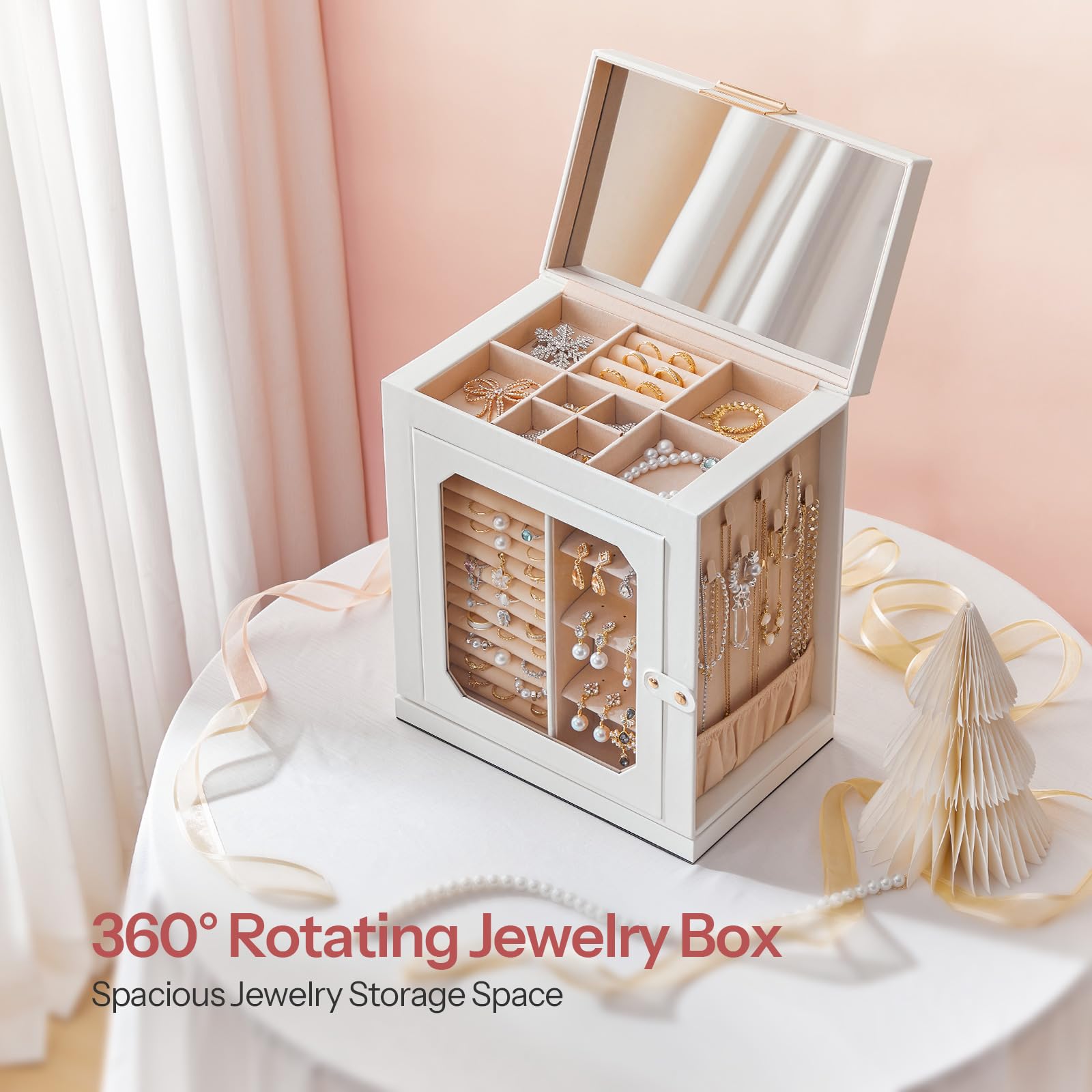HOOBRO 360° Rotating Jewelry Organizer Box with Mirror & 6-Drawer