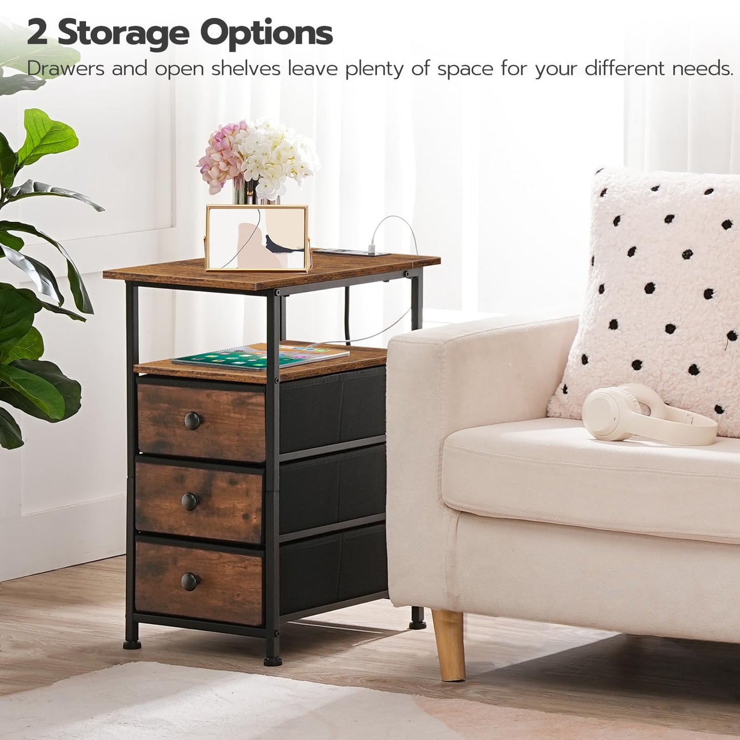 HOOBRO End Table, Narrow Side Table with Charging Station, Nightstand with 3 Non-Woven Fabric Drawers, Bedside Table for Small Spaces, for Living Room, Bedroom, Rustic Brown and Black BF483UBZ01