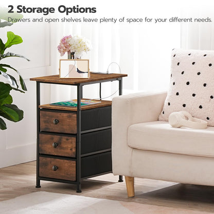 HOOBRO End Table, Narrow Side Table with Charging Station, Nightstand with 3 Non-Woven Fabric Drawers, Bedside Table for Small Spaces, for Living Room, Bedroom, Rustic Brown and Black BF483UBZ01