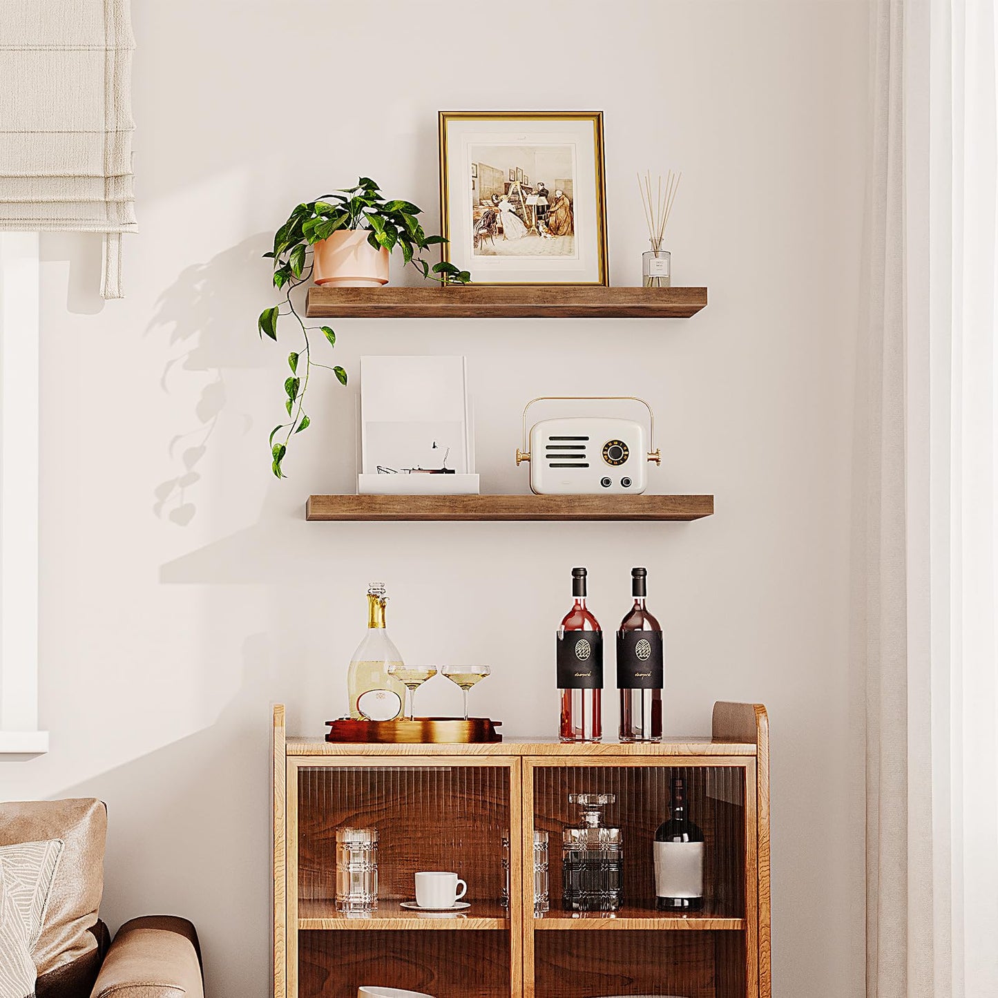 HOOBRO Retro Brown 31.5-inch Wall-Mounted Shelf Set with Concealed Bracket / 2PICS