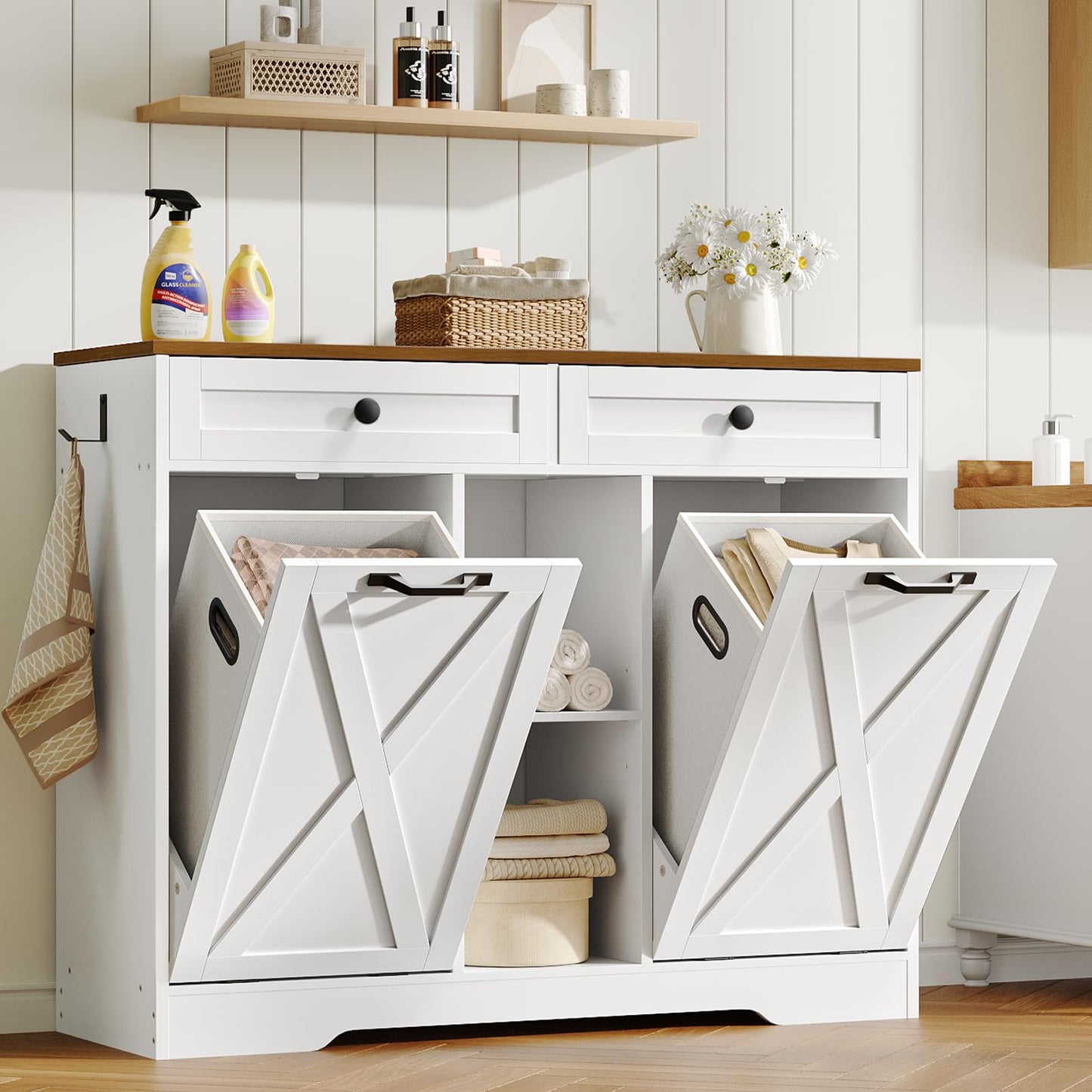 HOOBRO 23-Gallon Double Flip-Up External Laundry Hamper Cabinet