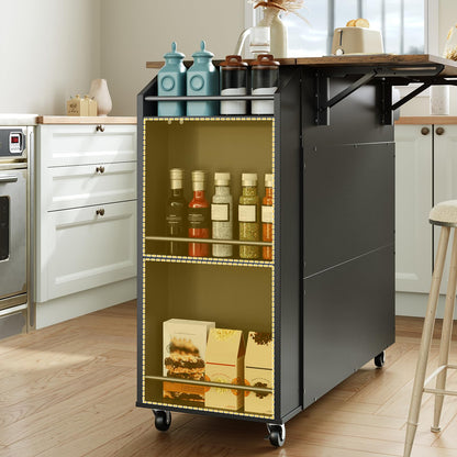 HOOBRO Black Portable Kitchen Island with Folding Countertop & Power Outlet & Drawers and Spice Rack