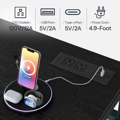 Desk setup with phone, earbuds, and power outlet showing charging capabilities.