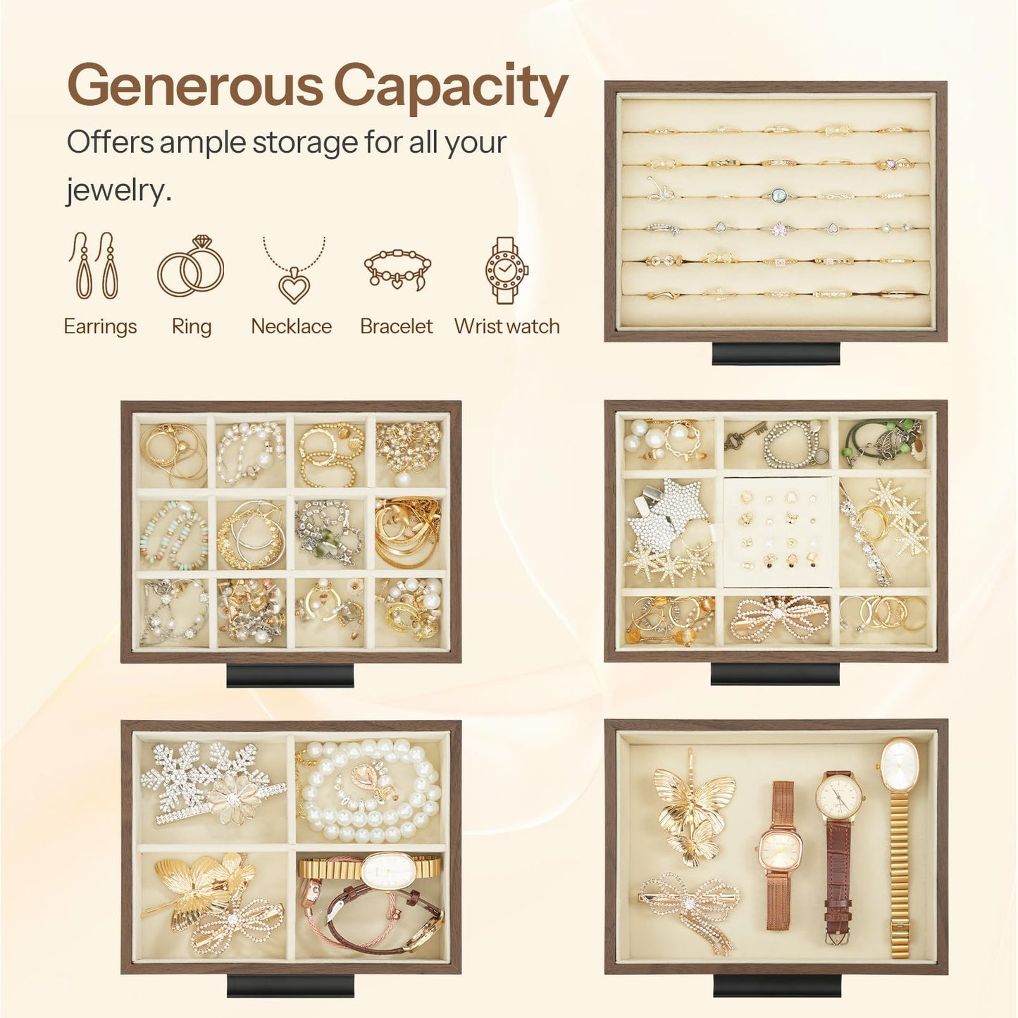 Jewelry organizer with various compartments for storing earrings, rings, necklaces, bracelets, and wrist watches.