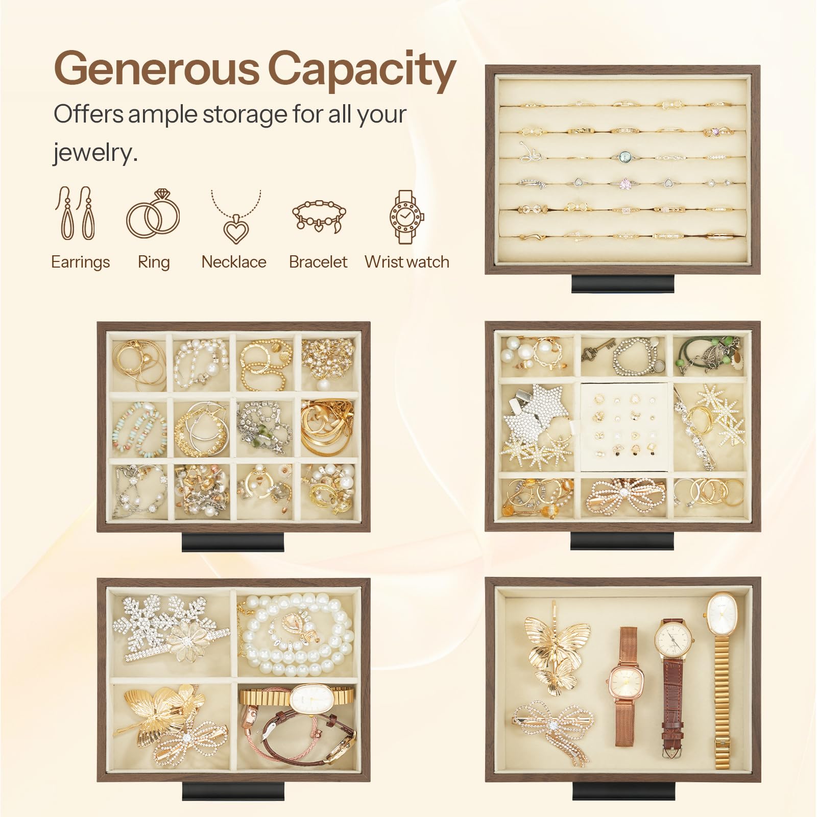 Jewelry organizer with various compartments for storing earrings, rings, necklaces, bracelets, and wrist watches.