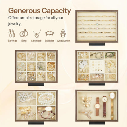 Jewelry organizer with various compartments for storing earrings, rings, necklaces, bracelets, and wrist watches.
