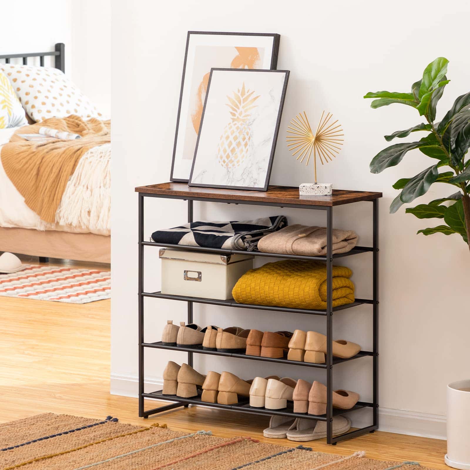 Shelf with shoes and decorative items in a bedroom setting
