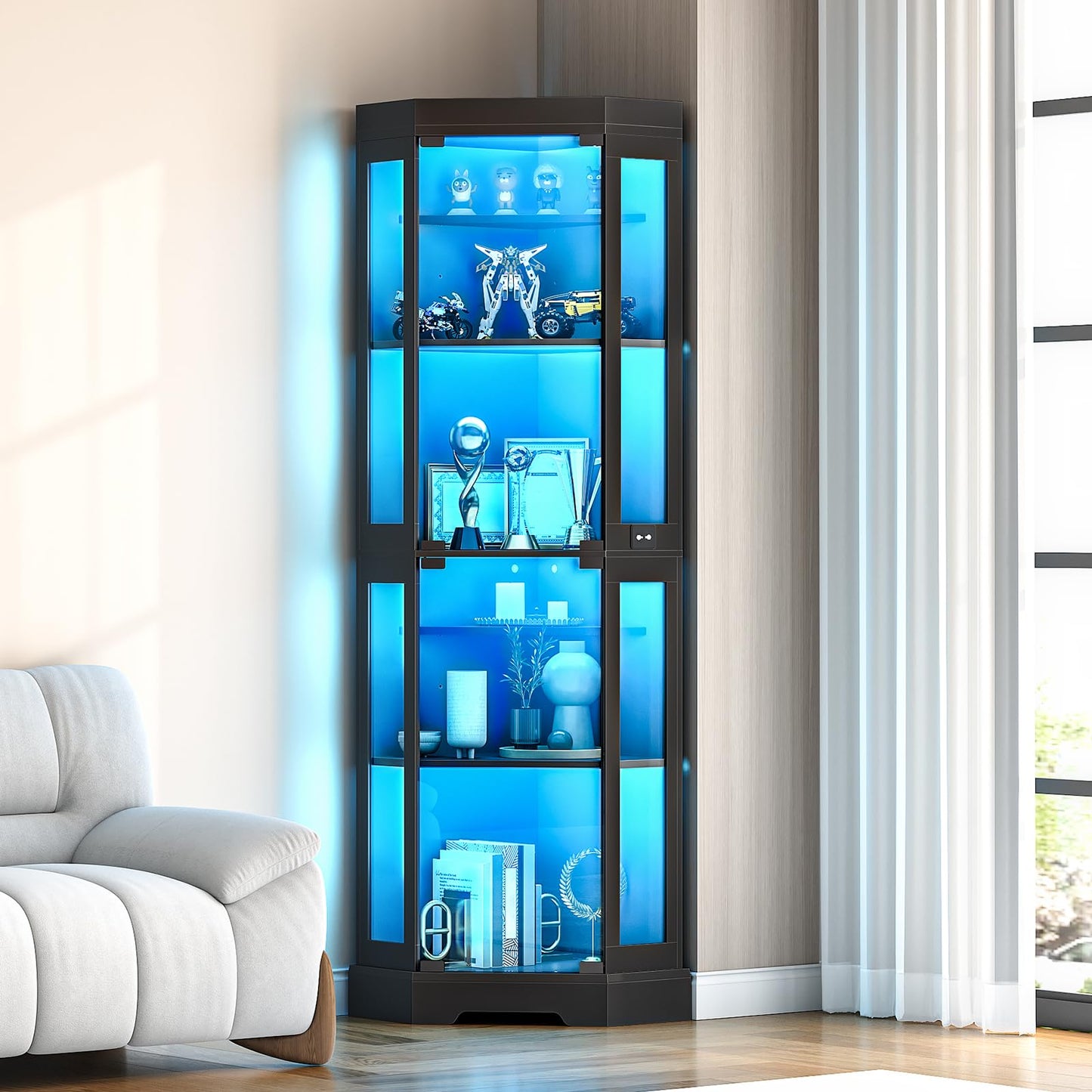 Corner display cabinet with blue LED lighting in a living room setting