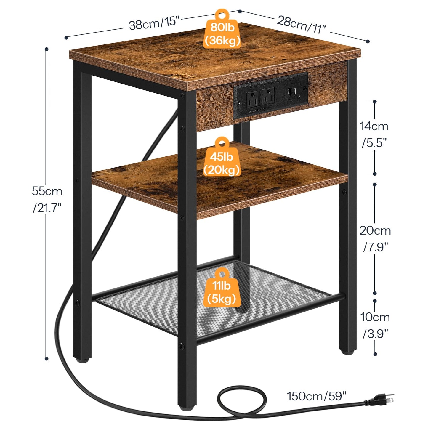HOOBRO Retro Brown Three-Layer Adjustable Side Table with Charging Station & USB Port